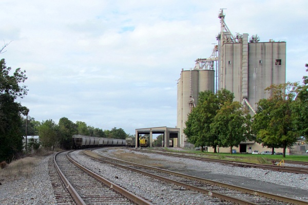 a feed mill in Harrisonburg, VA, with train tracks