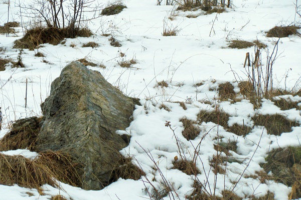 a boulder on a snowy rocky ground