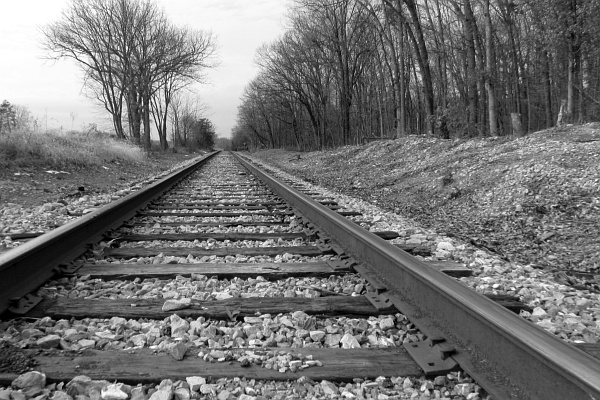 B&W: train track near McGaheysville, VA, USA